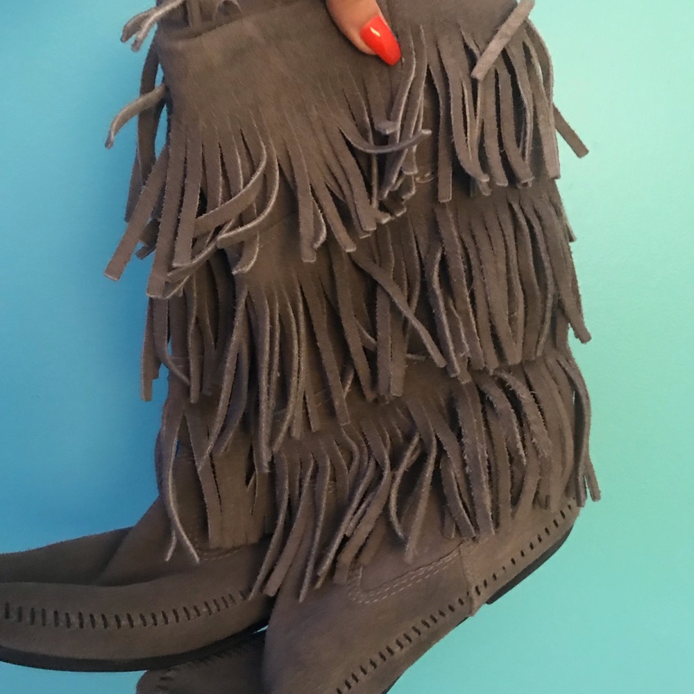 Minnetonka Grey Fringe Boots